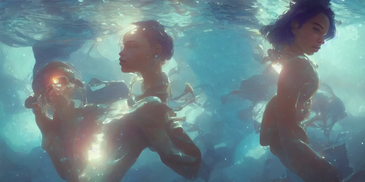 Image similar to dreamgirl zoe kravitz astronaut, underwater in the ocean at night, atmospheric, volumetric lighting, glowing lights, 4k, octane, digital painting, artstation, concept art, sharp focus, illustration, art by artgerm and greg rutkowski and alphonse mucha