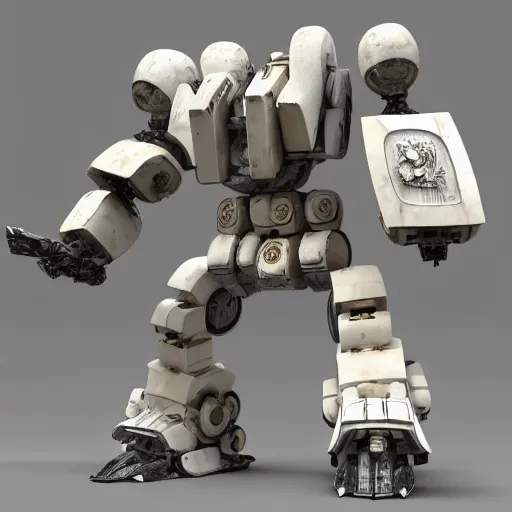 Prompt: gigantic colossal Greek hoplite mech made of marble stone and alabaster stone, kintsugi repaired. Giant medieval warrior mecha. low angle shot, mech concept HD 8k render art.