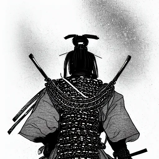 Image similar to A PORTRAIT FROM BEHIND OF A SAMURAI ,THE THE MAN IS WRAPPED IN CHAINS ,detailed, concept art, ink style , sketch