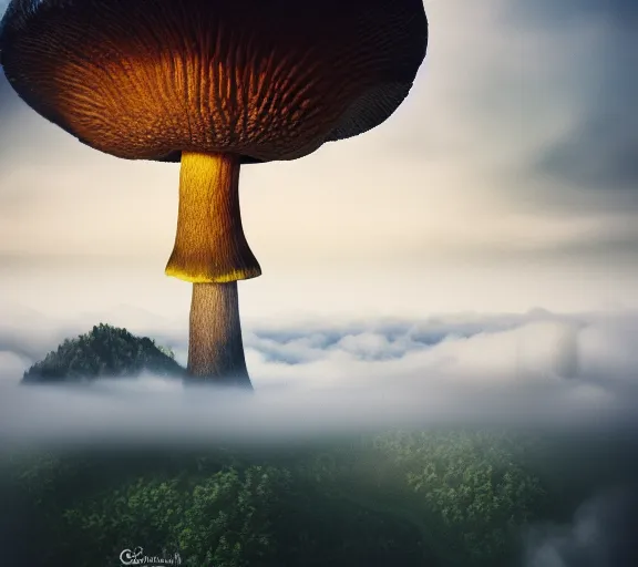 Prompt: a giant mushroom engulfs a whole kingdom and reaches above the clouds. intricate. lifelike. soft light. sony a 7 r iv 5 5 mm. cinematic post - processing