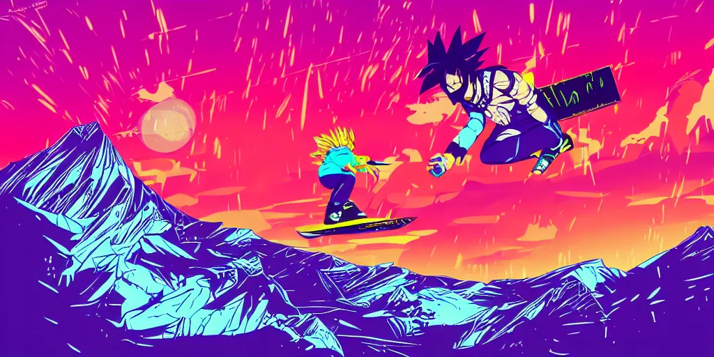 Image similar to vaporwave, vector graphics, synthwave, neon, son goku snowboarding