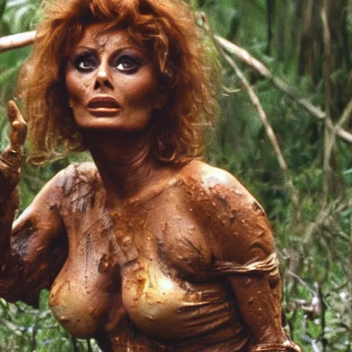 Image similar to cinematic still of sophia loren, covered in mud and watching a predator in a swamp in 1 9 8 7 movie predator, hd, 4 k