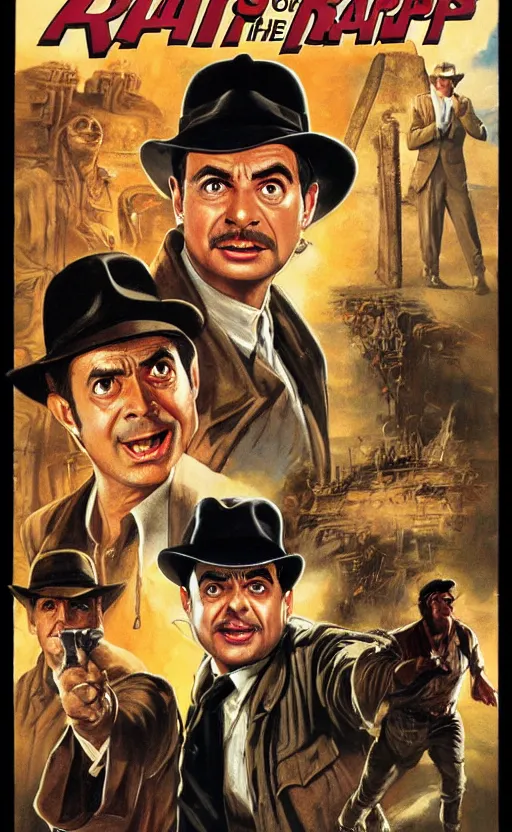 Image similar to raiders of the lost ark, featuring mr. bean, movie poster in the style of richard amsel & drew struzan