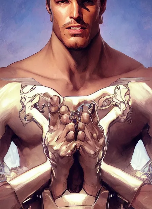 Image similar to a handsome man. he is a dino man, a dinosaur themed superhero. clean elegant painting, beautiful detailed face. by artgerm and greg rutkowski and alphonse mucha