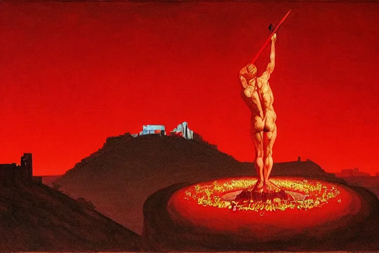 Image similar to only with red, a red melted apollo with a laurel wreath and a flaming sword announce win, athens in background, in the style of beksinski, parts by edward hopper, parts by rodcenko, parts by yue minjun, intricate and epic composition, red by caravaggio, insanely quality, highly detailed, masterpiece, red light, artstation, 4 k