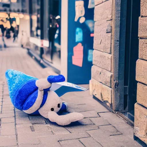 Image similar to blue'snappy gifts'plush doll, on sidewalk, handing out gifts, happy atmosphere, high detail, soft lighting, 8 k