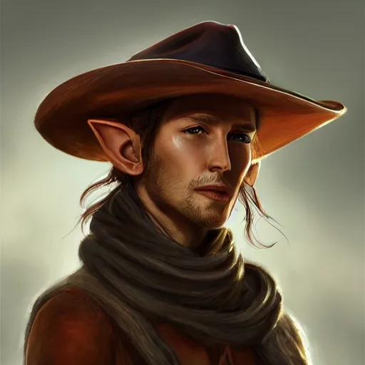 Prompt: a portrait of an elf with a cowboy hat on with an American flag scarf, D&D, sci-fi, elegant, hopeful, muscular, highly detailed, digital painting, artstation, concept art, smooth, sharp focus, illustration