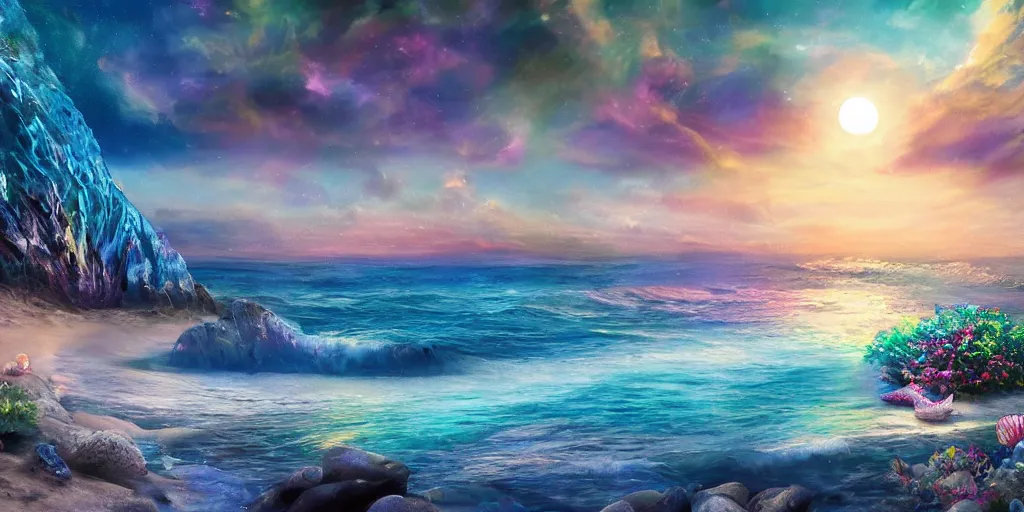 Image similar to a single glittering fairy beach cove at night full of crystals and magical glowing sea shells along the shore, a full moon, water and colorful flowers, extremely detailed oil painting, unreal 5 render, fantasy digital art, octane render, beautiful composition, trending on artstation, award-winning photograph, masterpiece