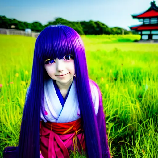 Prompt: A cute little anime girl with long indigo colored hair, wearing a red shrine maiden uniform, in a large grassy green field, petting a cat, shining golden hour, she has detailed purple anime eyes, extremely detailed cute anime girl face, she is happy, child like, near a Japanese shrine