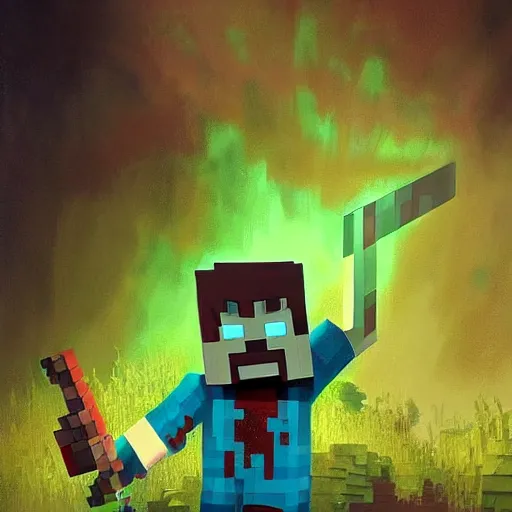 Image similar to painting by greg rutkowski of a minecraft drowned zombie with glowing cyan eyes, wearing ragged clothing and and algae growing on it, holding a trident, underwater