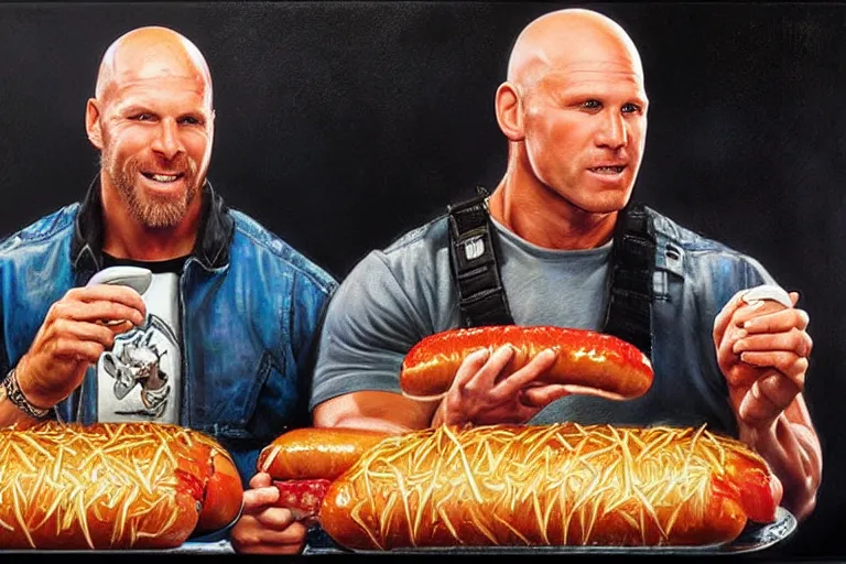 Image similar to portrait of wwf shawn michaels and wwf steve austin sharing hotdogs, an oil painting by ross tran and thomas kincade