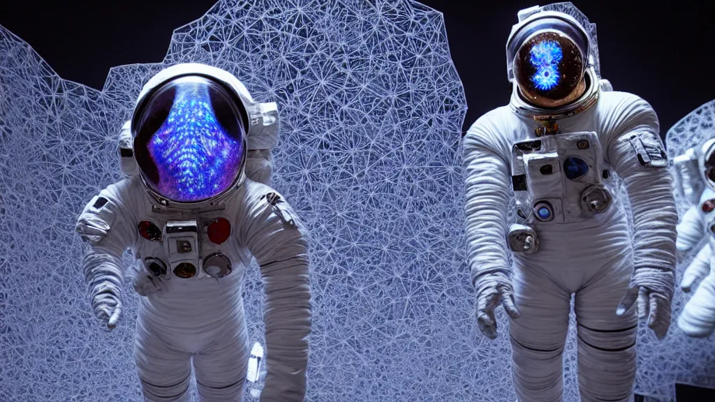 Image similar to a single astronaut eva suit made of diamond 3d fractal lace iridescent bubble 3d skin and covered with insectoid compound eye camera lenses floats through the living room, film still from the movie directed by Denis Villeneuve with art direction by Salvador Dalí, wide lens,