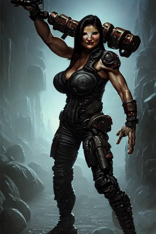 Prompt: gina carano as an ork with prothesis metallic left arm, casual black clothing, muscular, realistic proportions, casual pose, large portrait, sci - fi, shadowrun, rpg character, gun, digital painting, artstation, concept art, smooth, 8 k frostbite 3 engine, ultra detailed, art by artgerm and greg rutkowski and magali villeneuve