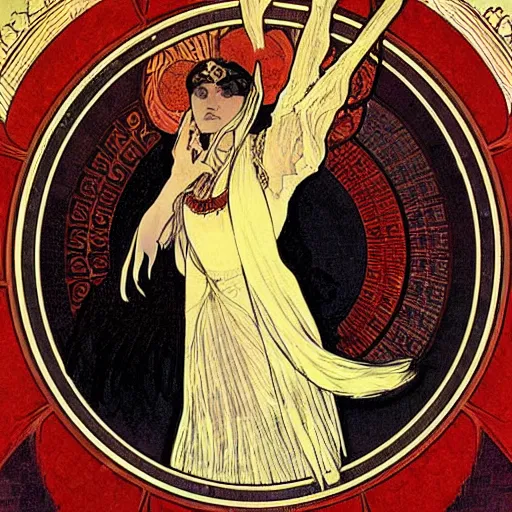 Image similar to a black raven in front of the red moon by alphonse mucha