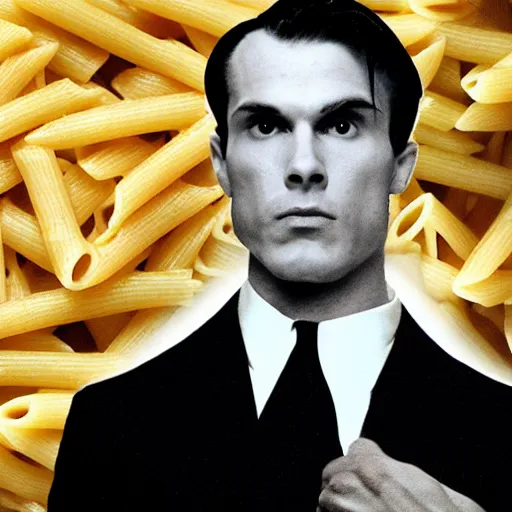 Image similar to pasta as The American Psycho, cinematic still