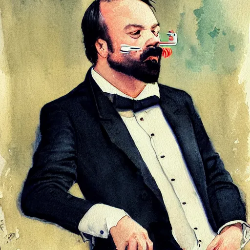 Prompt: Portrait of a handsome man with thick mutton chops. shaved chin, wearing a suit. colorful necktie, pale white face, long messy hair, long hair, ((red)) baggy eyes, tired eyes, tired face, disco smile, watercolor, brushstrokes, high detail, artstation, medium detail, by Ilya Repin and Dave McKean and Greg Rutkowski