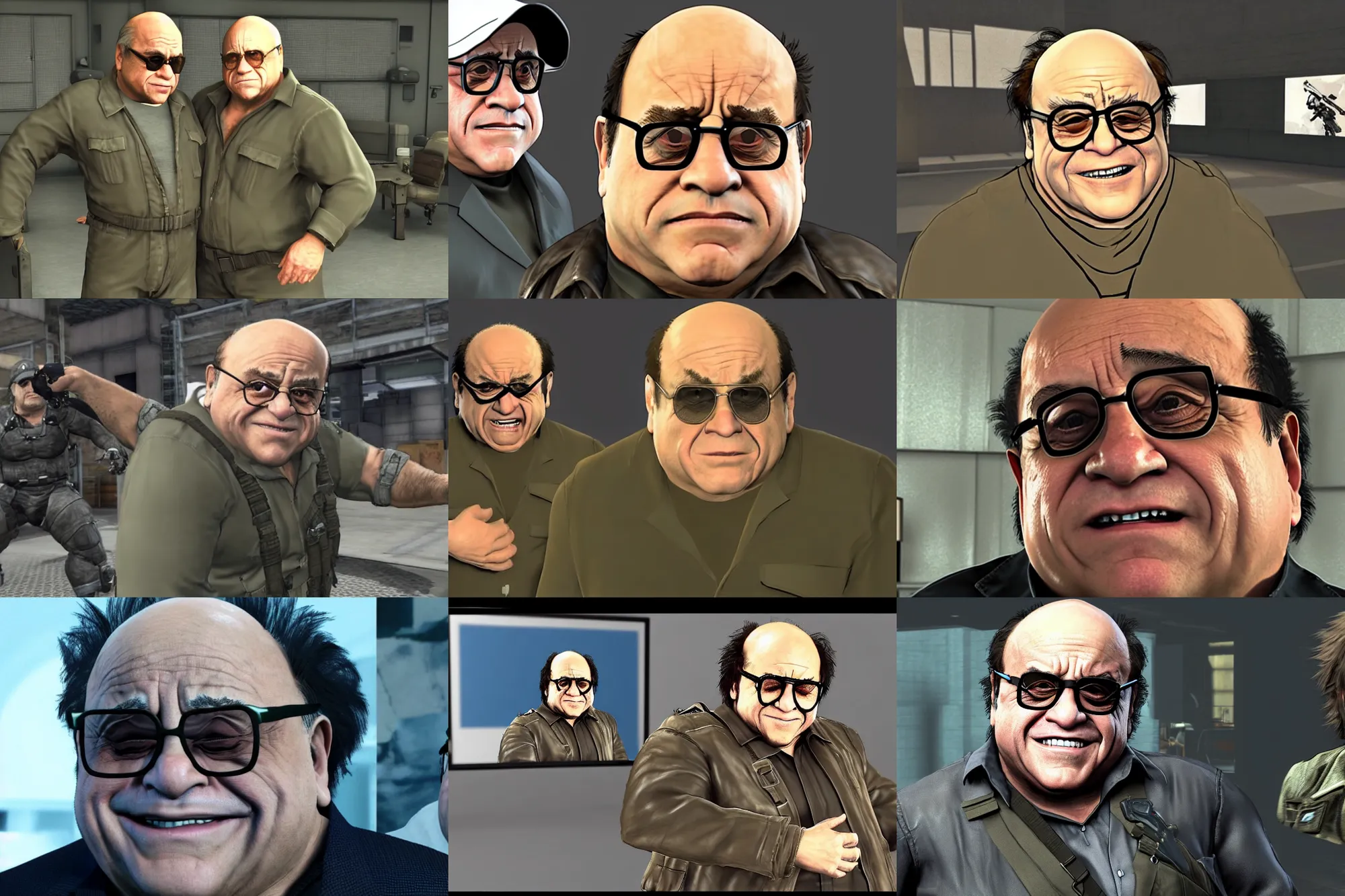 Prompt: a screenshot of danny devito in the video game metal gear solid. 3 d rendering. unreal engine. amazing likeness. very detailed. cartoon caricature