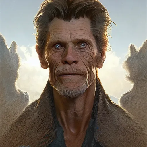 Image similar to william dafoe and lions, intricate, highly detailed, digital painting, artstation, concept art, smooth, sharp focus, illustration, unreal engine 5, 8 k, art by artgerm and greg rutkowski and alphonse mucha