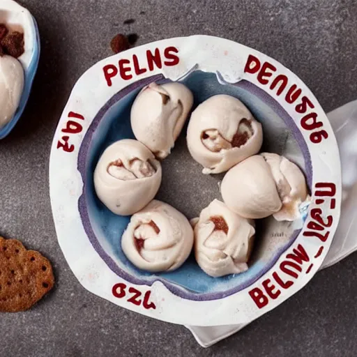 Image similar to ben and jerry's pelmeni flavoured ice cream, pelmeni written on the front