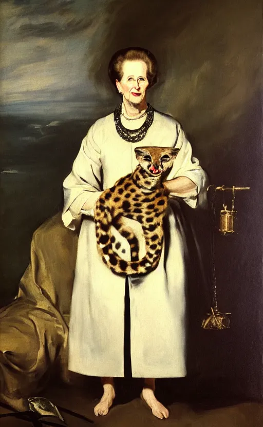 Image similar to an oil portrait of margaret thatcher in ceremonial robe holding a chained distressed serval, high quality, artstation, higly detailed, art by velaquez rubens and francisco goya, dark lighting