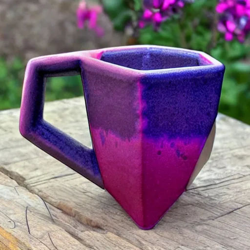Prompt: geodesic triangle handbuilt ceramic mug with pink and purple pearlescent glaze