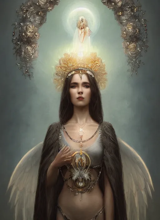 Image similar to A beautiful digital painting of a female Seraphim full of jewels, princess, the moon behind her, intricate, cinematic lighting, highly detailed, digital painting, Artstation, concept art, smooth, sharp focus, illustration, art by Tom Bagshaw, Artgerm and Greg Rutkowski