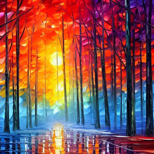 Prompt: the last sunset in the forest of dreams, by Leonid Afremov, 8k resolution, digital art, trending on art station