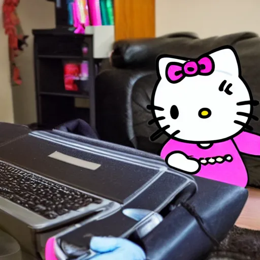 Image similar to Stock image of a burglar wearing a ski mask hacking into a Hello Kitty computer, funny, bizzare