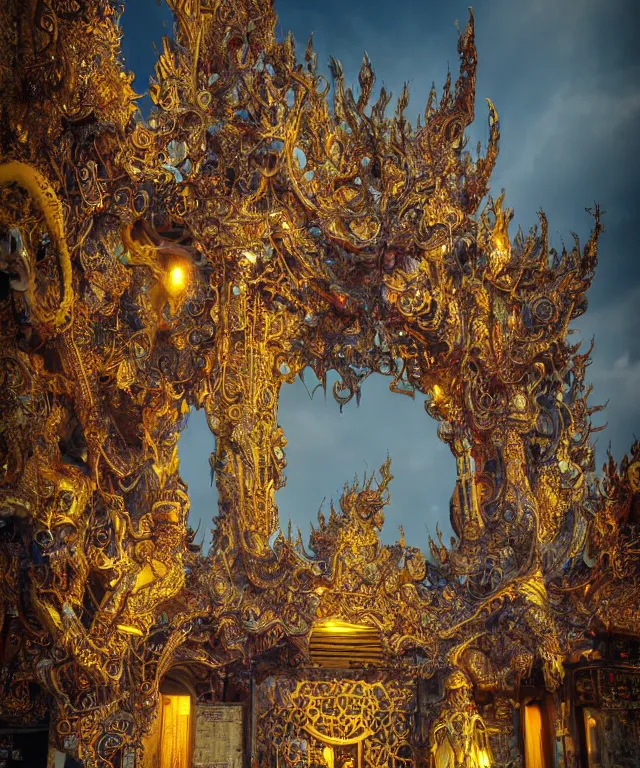 Prompt: a streeet view of wat rong khun temple!! by charlie bowater and art germ, rule of thirds, golden ratio, art nouveau! cyberpunk! style, mechanical accents!, mecha plate armor, glowing leds, flowing wires with leaves, art nouveau accents, art nouveau patterns and geometry, rich deep moody colors