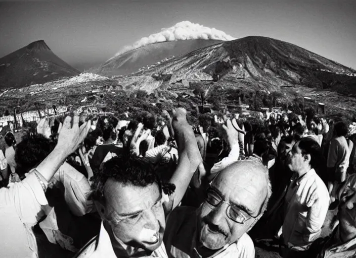 Image similar to old photo of average greeks drink wine and have fun against the backdrop of mount vesuvius starting to erupt by sebastian salgado, fisheye 4, 5 mm, diffused backlight