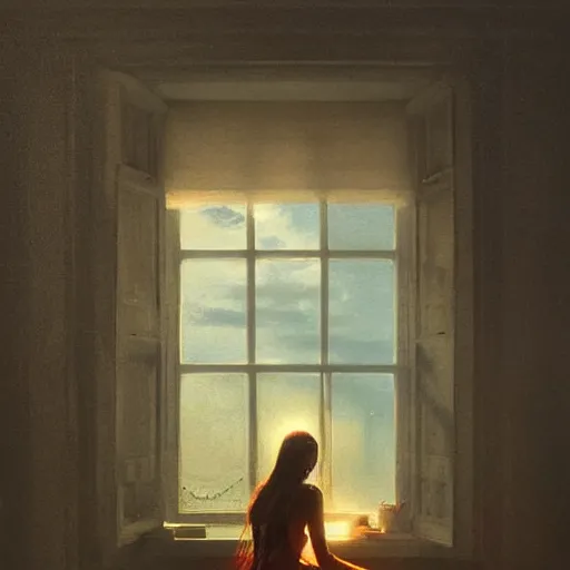 Prompt: young beautiful woman, view from window, sunset, high detail, dramatic light, digital art, chiaroscuro, painted by seb mckinnon, painted by greg rutkowski, painted by caspar david friedrich, trending on artstation