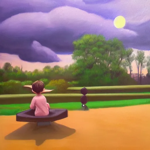 Image similar to eye - level view, shot from 5 0 feet distance, baby yoda plays is on a seesaw at a tranquil city park. a balloon vender sells balloons in the background. depth, dramatic clouds, setting sun. golden hour, oil on canvas painting, detailed, depth, volume, chiaroscuro, quiet intensity, serene.