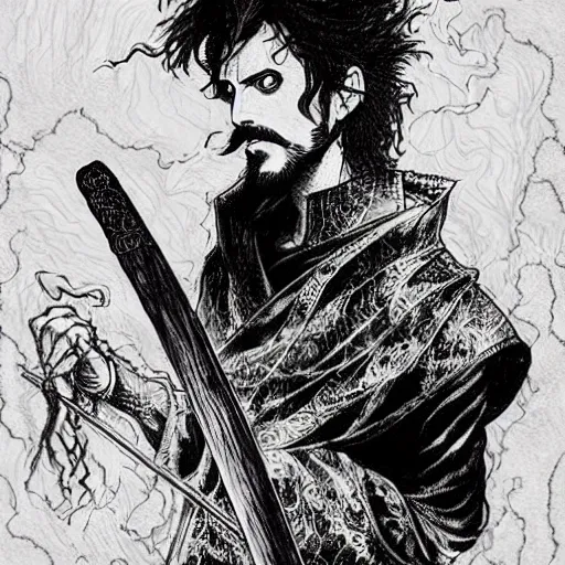 Image similar to pen and ink!!!! attractive 22 year old deus ex Frank Zappa x Jared Leto golden Vagabond!!!! magic swordsman!!!! glides through a beautiful battlefield magic the gathering dramatic esoteric!!!!!! pen and ink!!!!! illustrated in high detail!!!!!!!! by Hiroya Oku!!!!!!!!! Written by Wes Anderson graphic novel published on shonen jump MTG!!! 2049 award winning!!!! full body portrait!!!!! action exposition manga panel