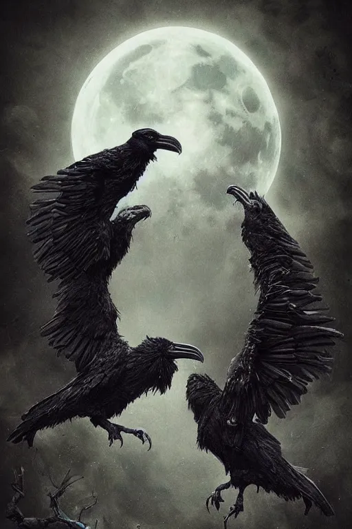Image similar to Intricate stunning highly detailed surreal ravens by agostino arrivabene and Seb McKinnon, sculpture, ultra realistic, Horror, full moon, blood moon, thick black swirling particle smoke tornado, fire embers, trending on artstation