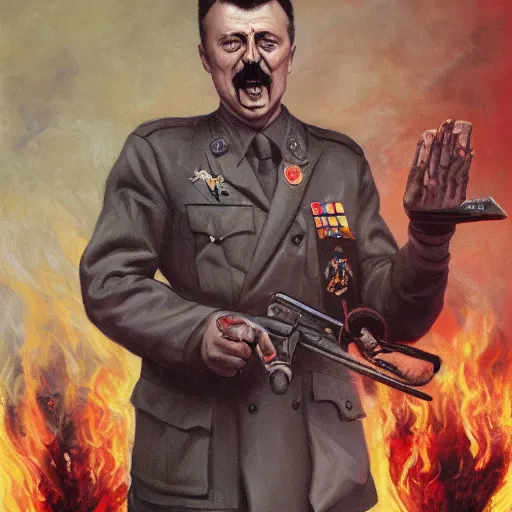 Image similar to igor ivanovich strelkov became an bloody aggressive degenerate hellfire demon calling for total mobilization, photo - realistic, color image, 2 k, highly detailed, bodyhorror, occult art