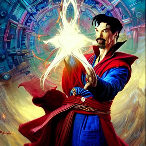 Image similar to the third first image on the scattered absurdity server, dr strange and dr seuss, very pretty, photorealistic, portal hopping and time warping with reckless abandon, highly detailed painting by gaston bussiere, craig mullins, j. c. leyendecker