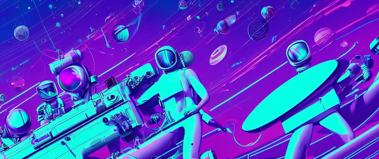 Prompt: hyper detailed 2060s neo-surreal neon purple and teal propaganda poster of space workers key sage sharp cinematic lighting 8k wide angle shallow depth of field