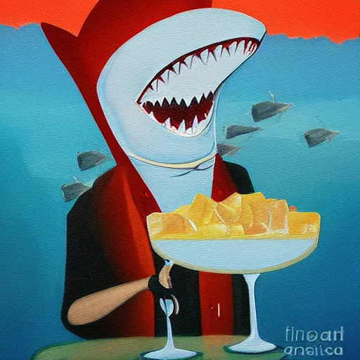 Image similar to Shark bartender, high quality painting