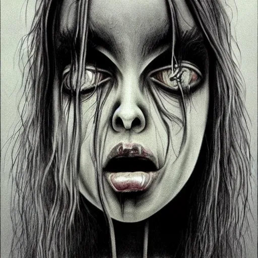 Image similar to grunge drawing of billie eilish by - Zdzisław Beksiński , loony toons style, horror themed, detailed, elegant, intricate