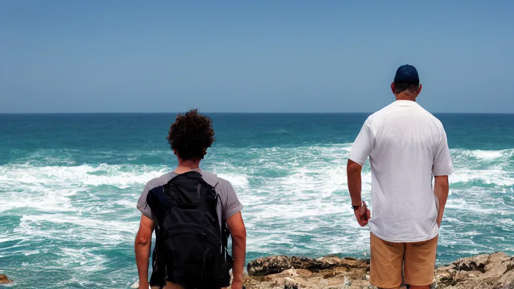 Prompt: A man looking at the ocean. Over the shoulder point of view.