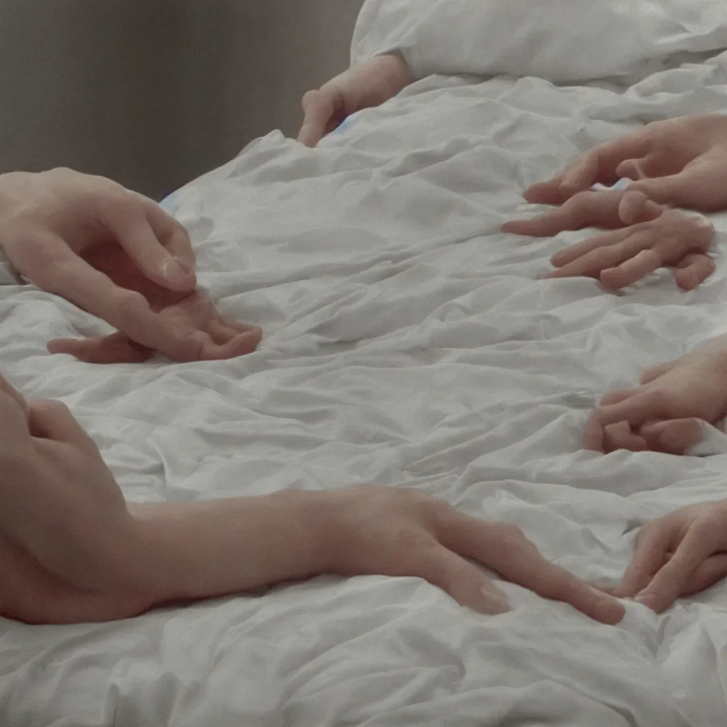 Image similar to close - up on the air - conditioning with water running on the white sheets of a girl's bed, hand of a teenager girl, ablurred, depth of field, unframed, by neo rauch, 8 k hyper realistic detailed cinematic still