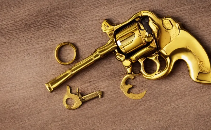 Image similar to shiny golden revolver laying on a wooden table, complex, high detail