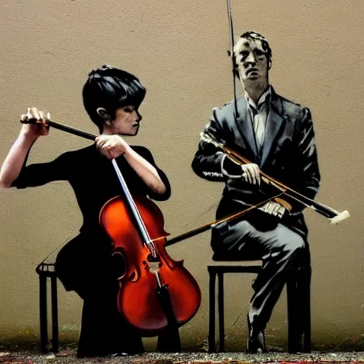 Image similar to cello violin concert art by banksy and alan lee