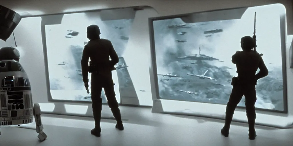 Image similar to a still from a film of a naval officer standing, back turned, in front of a large window with a live action Star Wars space battle, 35mm, directed by George Lucas, miniatures, ILM