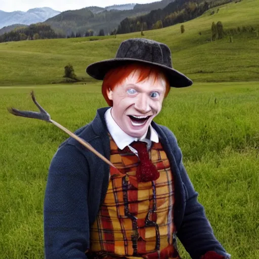 Prompt: ronald weasley, as a bavarian, enjoying the foothills, photo realistic, happy.