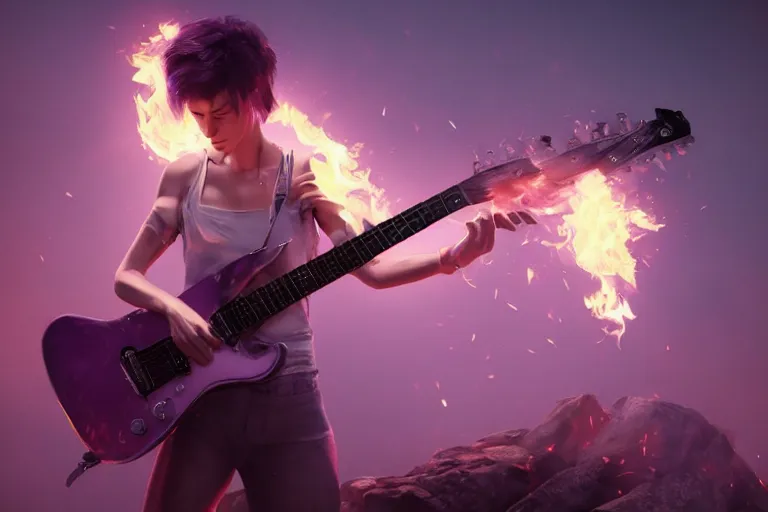 Image similar to An awesome image of a short-haired, lilac-eyed girl with a guitar spewing fire, trending on Artstation, 8k, photorealistic, hyper detailed, unreal engine 5, IMAX quality, cinematic, epic lighting, in the style of Greg Rutkowski