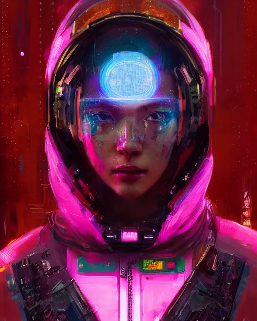 Image similar to detailed portrait Neon spacesuit Girl, cyberpunk futuristic neon, reflective, decorated with traditional Japanese ornaments by Ismail inceoglu dragan bibin hans thoma greg rutkowski Alexandros Pyromallis Nekro Rene Maritte Illustrated, Perfect face, fine details, realistic shaded, fine-face, pretty face