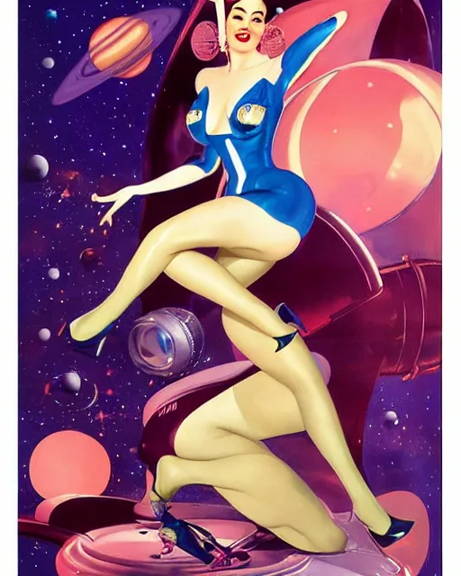 Image similar to retrofuturistic pinup model dita von teese as a varga girl posing on a space ship, in the style of anna dittmann and gil elvgren and alberto vargas.