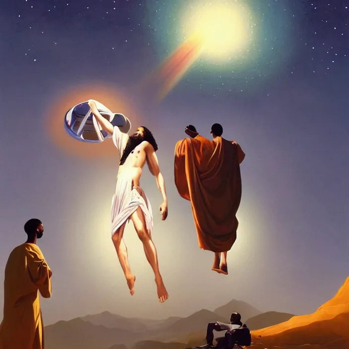 Image similar to a UFO hovering over an African Jesus, painting by Hsiao-Ron Cheng,