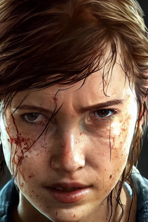 Image similar to ultra realistic facial portrait of ellie from the last of us part 2, digital art, character portrait, highly detailed, trending on artstation, lens flare, atmosphere, hyper realistic, cinematic lightning, sharp focus, unreal engine 5, extreme details perfect face, pretty face, fine - face, illustration, 8 k, ultra texture, masterpiece